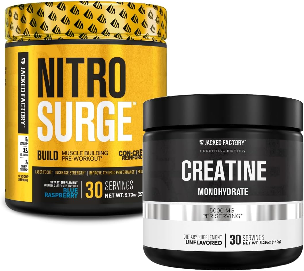 Jacked Factory Nitrosurge Build Pre Workout With Creatine For Muscle Building (30 Servings, Blue Raspberry) & Creatine Monohydrate Powder For Muscle Growth & Recovery (30 Servings, Unflavored)