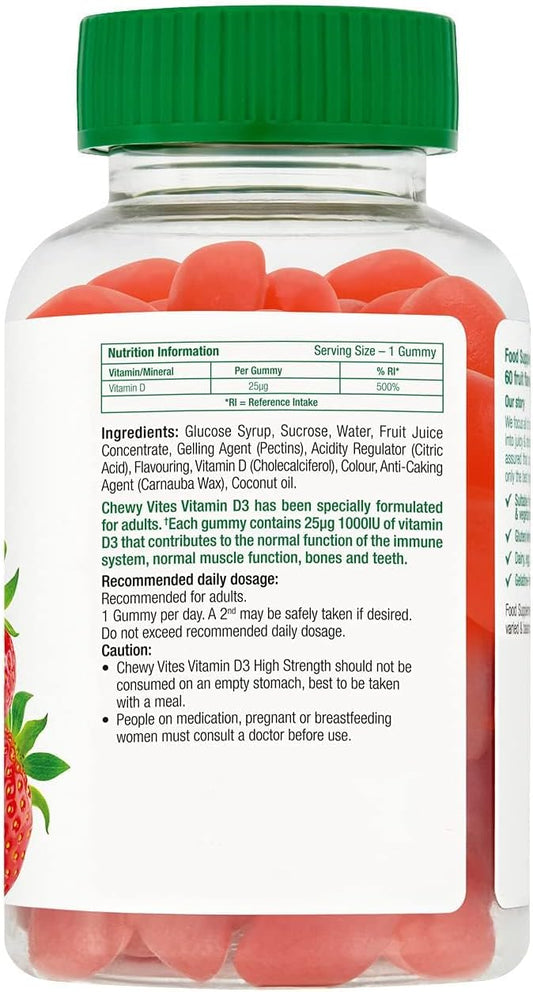 Chewy Vites Adult High Strength Vitamin D3, 60 Vitamin D Gummies, 25 Micrograms 1000 Iu, 2 Months Supply, Vegan, Real Fruit Juice, Strawberry Flavour