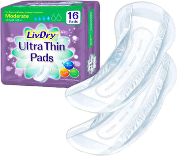 LivDry Incontinence Ultra Thin Pads for Women | Leak Protection and Odor Control | Extra Absorbent (Moderate 16-Count)