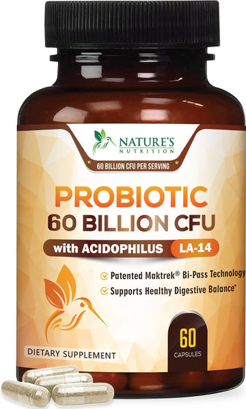 Probiotic for Digestive Health - 60 Billion CFU Daily Probiotics & Prebiotics Supplement with Acidophilus - Immune Support for Women & Men - Shelf Stable, Soy, Dairy & Gluten Free - 60 Capsules