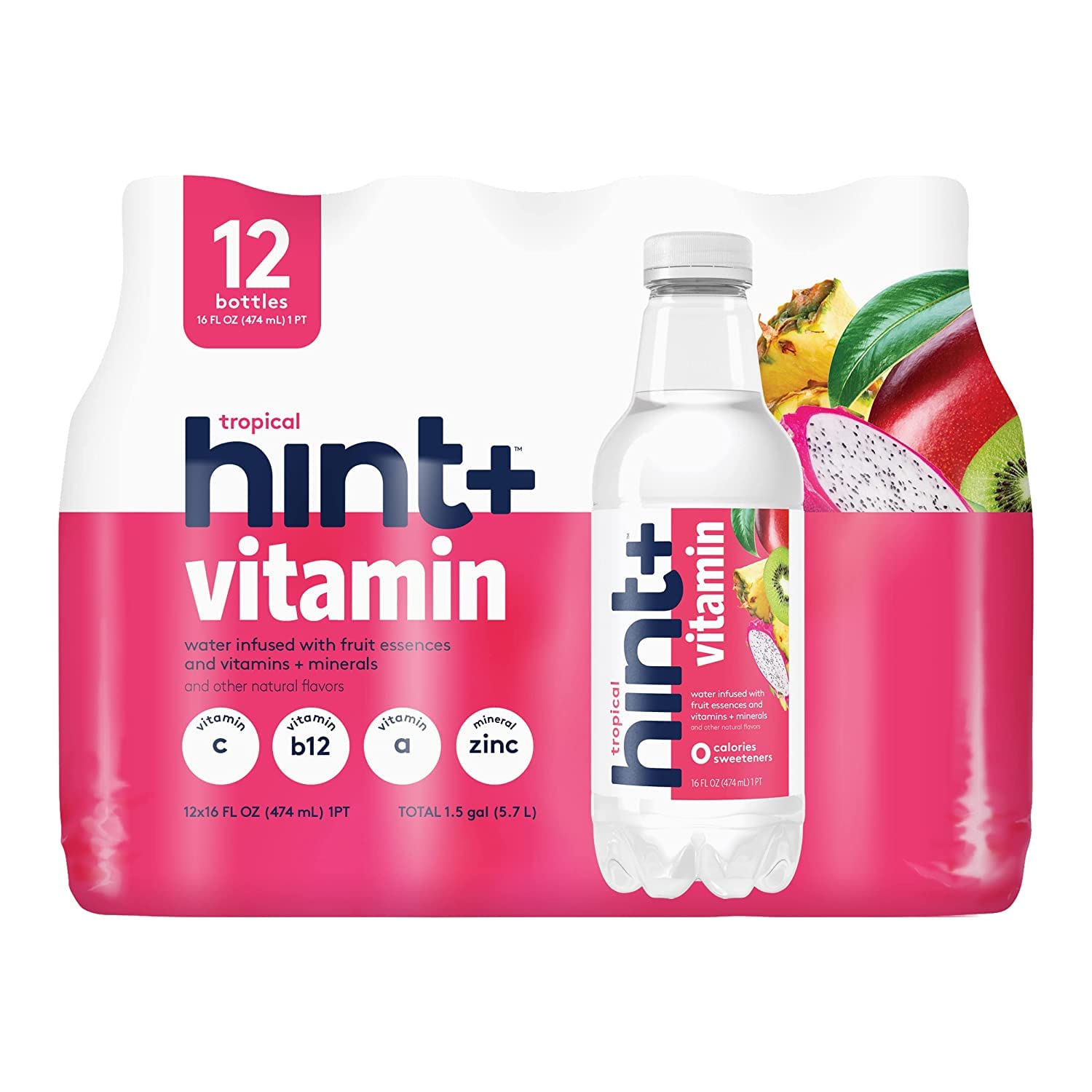 Hint+ Vitamin Tropical, Water Infused With Tropical Fruit Plus A Vitamin Boost, 50% Daily Value Vitamin C, Vitamin A, B12, Zinc, Zero Sugar, Zero Calories, Zero Diet Sweeteners, 16 Fl Oz (Pack Of 12)