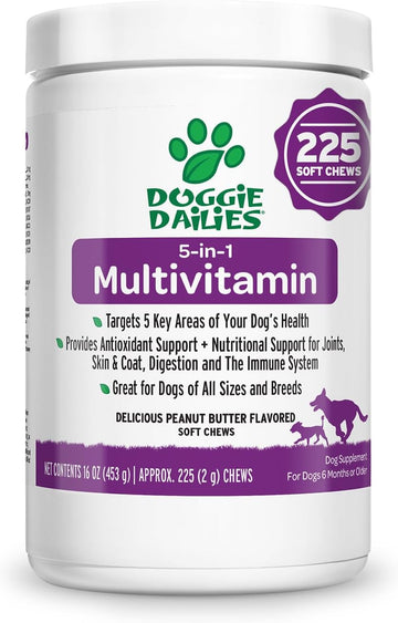 Doggie Dailies 5 In 1 Multivitamin For Dogs, 225 Soft Chews, Dog Multivitamin For Skin And Coat Health, Joint Health, Improved Digestion, Antioxidants, Support A Healthy Immune System