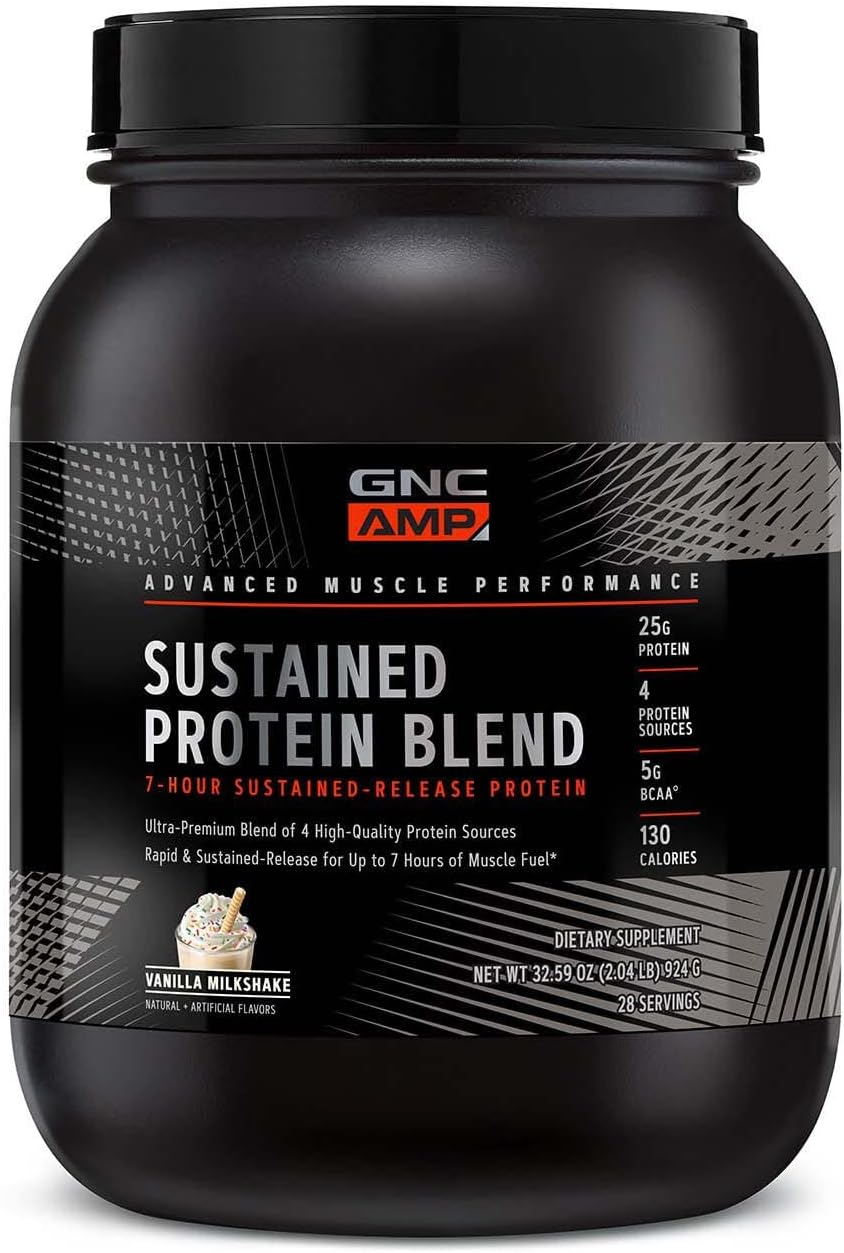 Gnc Amp Sustained Protein Blend | Targeted Muscle Building And Exercise Formula | 4 Protein Sources With Rapid & Sustained Release | Gluten Free | Vanilla Milkshake | 28 Servings