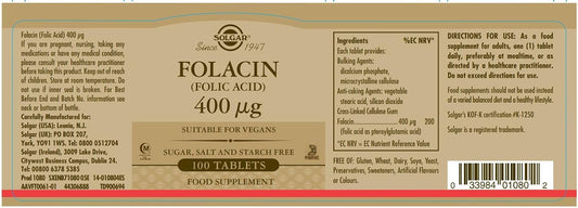 Solgar Folacin (Folic Acid) 400 µg Tablets - Pack of 100 - Supports Maternal Tissue Growth - Reduce Tiredness and Fatigue - Vegan and Gluten Free