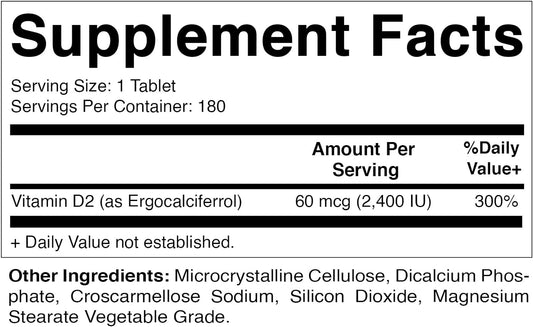 Vitamatic Vitamin D2 60 mcg (2400 IU) - Ergocalciferol - 180 Vegetarian Tablets (180 Tablets (Pack of 1)) (1 Bottle)