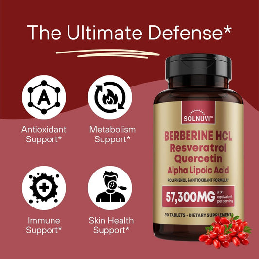 Premium Berberine Supplement With Resveratrol Quercetin Alpha Lipoic Acid - 50:1 Berberine Hcl Complex 1950Mg Potent Antioxidants, Polyphenols, Vitality Boost - 90 Vegan Tablets, Non-Gmo, Gluten-Free