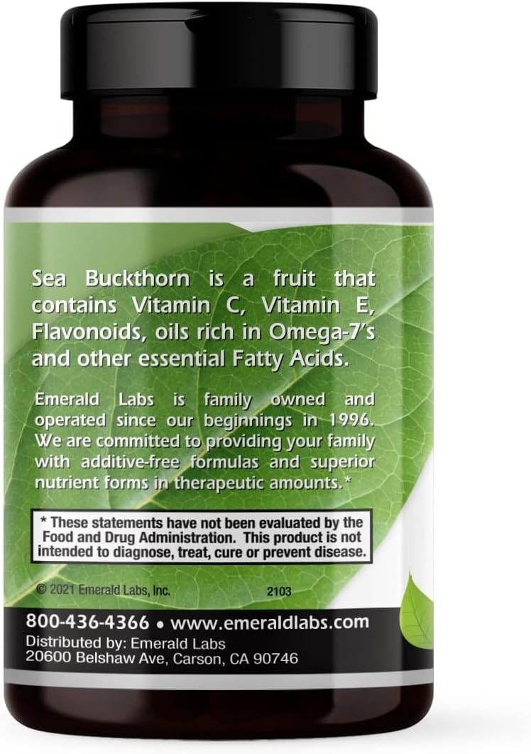 EMERALD LABS Sea Buckthorn - Dietary Supplement with Vitamins C, E & Omega 7 - Supports Adrenal, Energy, Skin & Immune Health - 60 Vegetable Capsules (30-Day Supply) : Health & Household