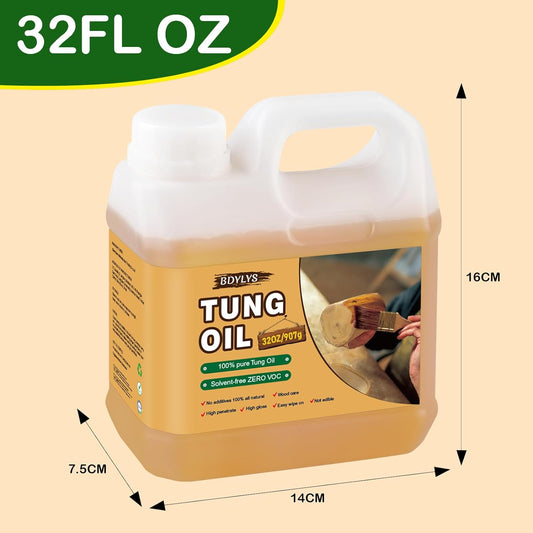 32 OZ Pure Tung Oil for Durable Wood Protection and Finishing, Waterproof Sealant for Wood Types, 100% Pure Natural Tung Oil for Wood Furniture, Wood Floors