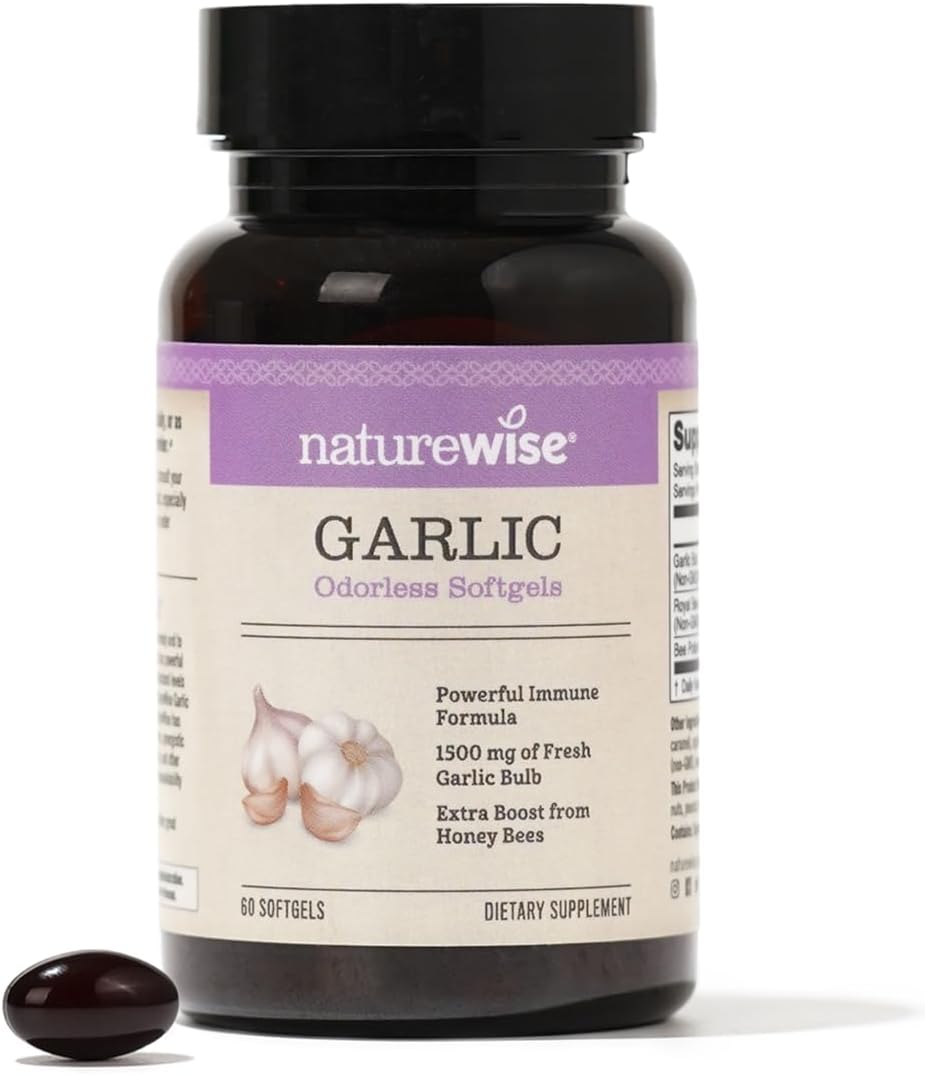 NatureWise Odorless Garlic Pills 1500 mg - with Royal Bee Jelly & Bee Pollen - Garlic Supplement for Heart Health + Immune System + Antioxidants - Gluten-Free, Non-GMO - 60 Softgels [2-Month Supply]