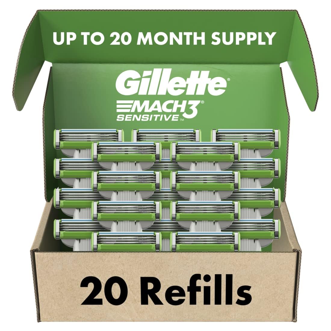 Gillette Mach3 Sensitive Mens Razor Blade Refills, 20 Count, Designed For Sensitive Skin