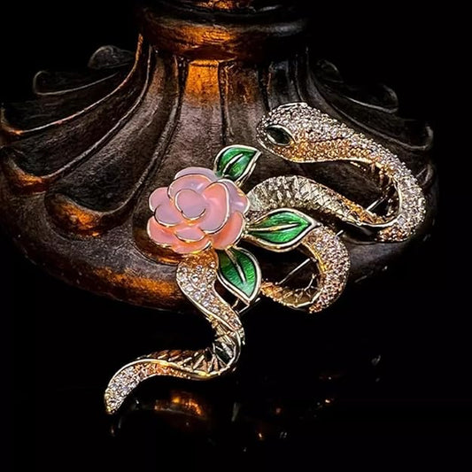 Luxury Gold Dragon & Rose Snake Brooch Pin – Chinese Zodiac Lapel Pin with Pearl | Niche Gothic Design Badge for Clothing, Hats, Bags (Unisex)
