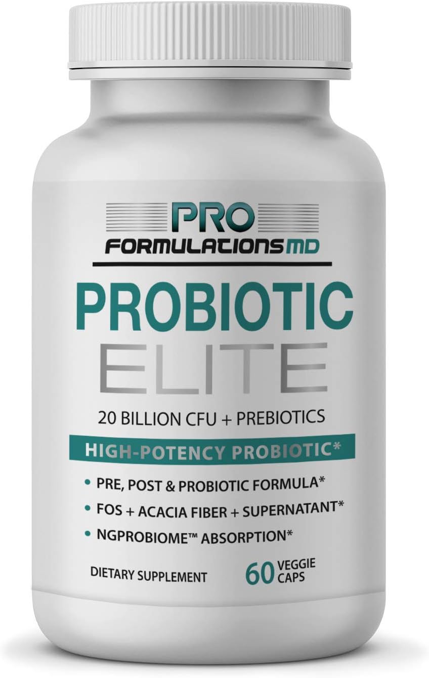 Probiotic Elite – Synbiotic With Fos + Supernatant – 60 Vcaps – Pre, Post & Probiotic Digestive Support With 20 Billion Cfu, Fos, Acacia Fiber & Freeze – Dried Culture Powder