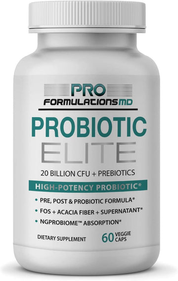 Probiotic Elite – Synbiotic With Fos + Supernatant – 60 Vcaps – Pre, Post & Probiotic Digestive Support With 20 Billion Cfu, Fos, Acacia Fiber & Freeze – Dried Culture Powder