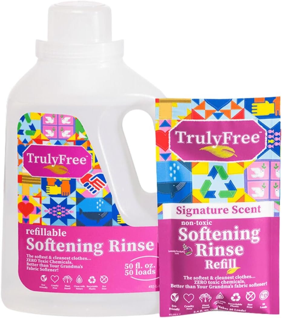 Truly Free Fabric Softening Conditioner For Clothes| Safe For Babies & Kids With Sensitive Skin | Plant-Based | Include 1 Refillable 50Oz Bottle With Measuring Cap| Signature Scent (50 Loads)