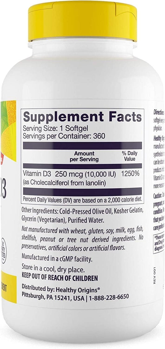 Healthy Origins Vitamin D3 (Lanolin) 10,000 IU Softgel - Bone Health and Immune Support Supplement - Easily Absorbable Vitamin D Supplements - Gluten-Free Vitamin D3 Supplement - 360 Softgels