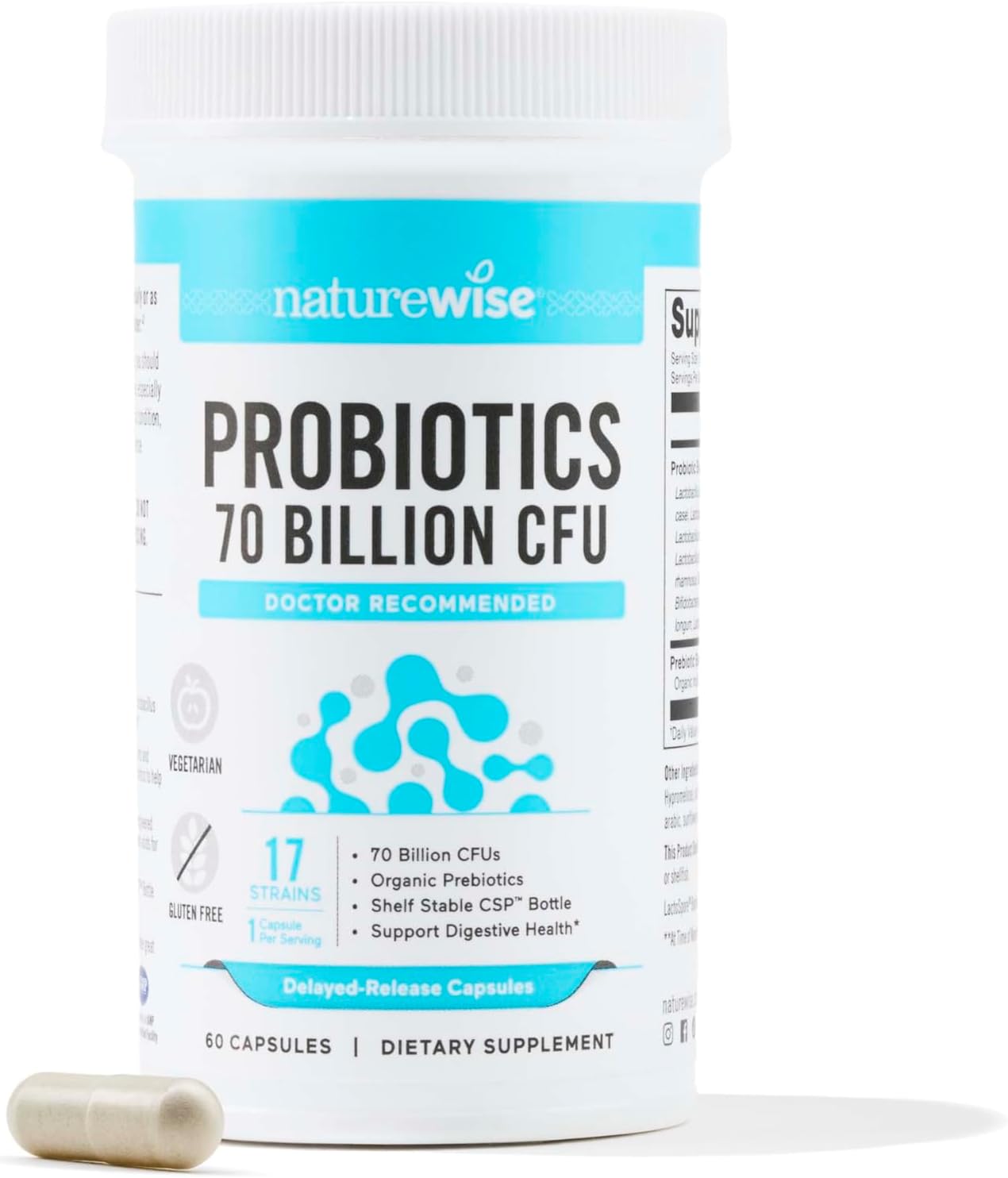 NatureWise Probiotics 70 Billion CFU - 17 Strains + Organic Prebiotics - Immune, Digestive & Gut Health Probiotics for Women & Men - Vegetarian, Gluten-Free, Non-GMO - 60 Capsules[2-Month Supply]