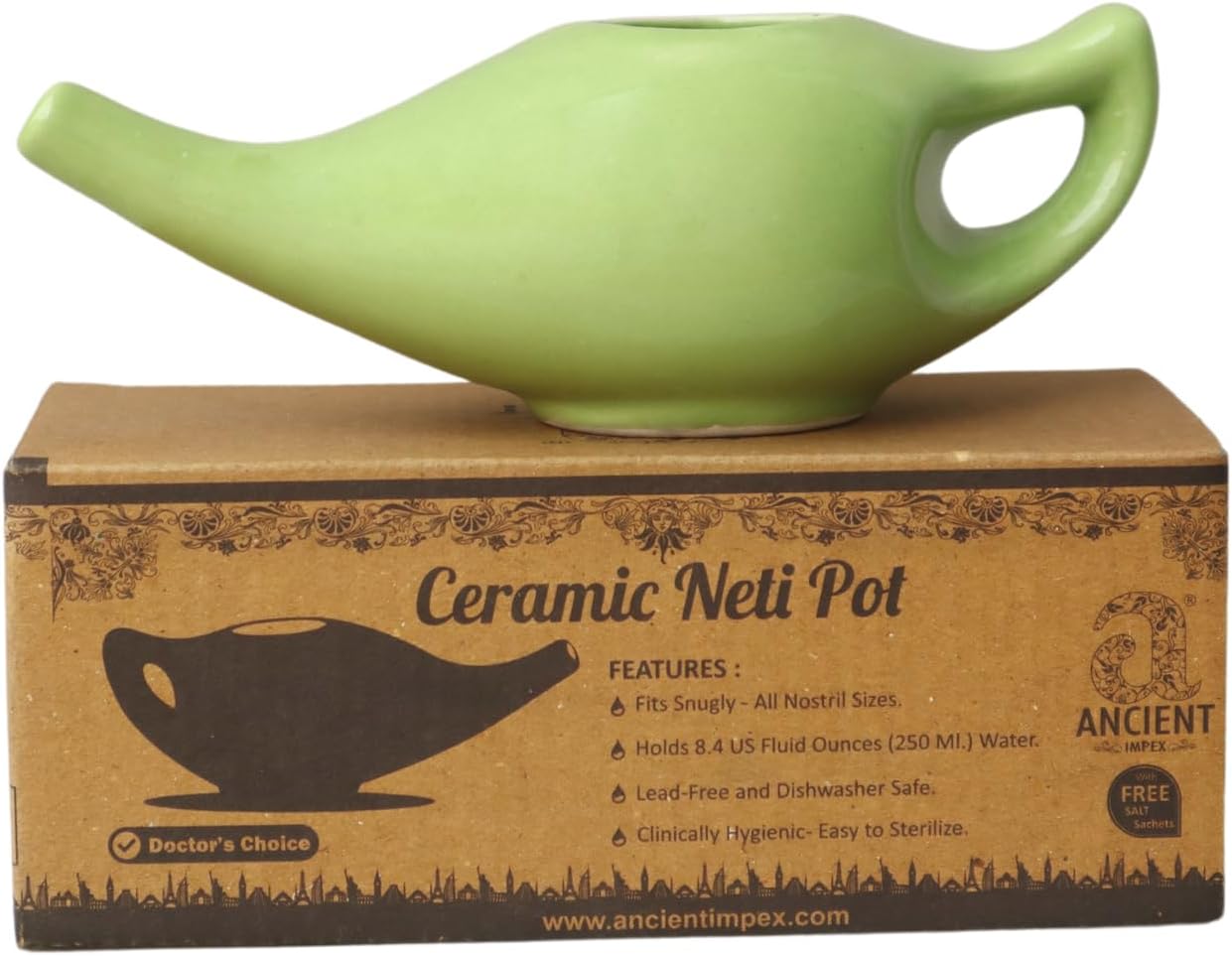 Ceramic Neti Pot 250 Ml Capacity (Green) With 5 Sachets Neti Salt, A Natural Remedy For Sinus Pressure Relief