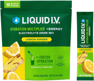 Liquid I.V.® Hydration Multiplier® +Energy - Lemon Ginger - Hydration Powder Packets | Electrolyte Powder Drink Mix | Convenient Single-Serving Sticks | Non-Gmo | 1 Pack (14 Servings)