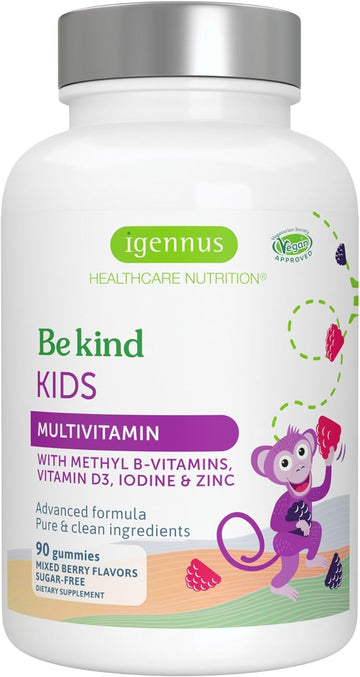 Methylated Kids Multivitamin Gummy, Mthfr Supplement With B-Vitamins & Vitamin D, Clean Label, Sugar Free, Age 4+, 90 Berry Flavor Vegan Gummies, By Igennus