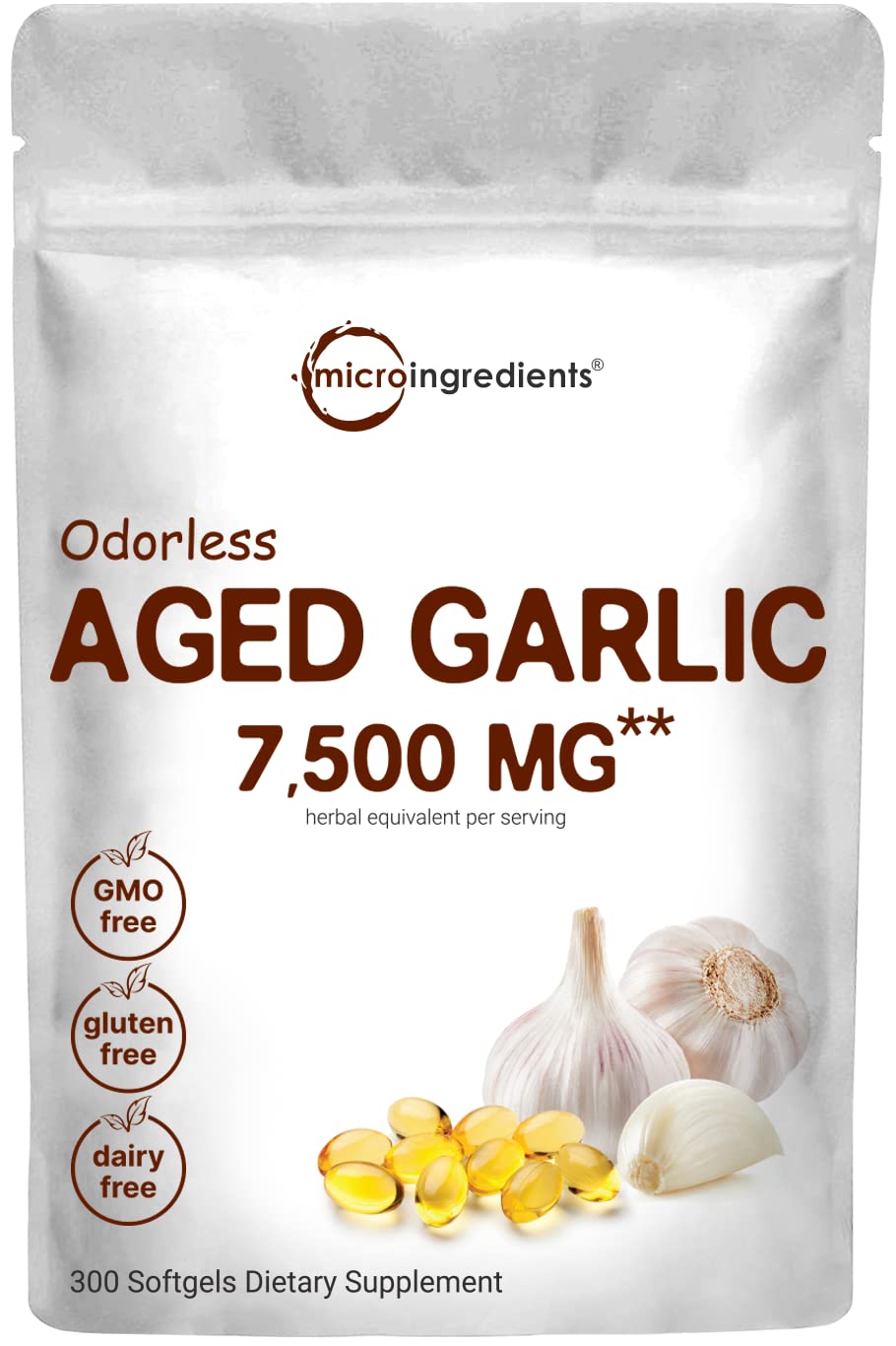 Micro Ingredients Odorless Garlic 7500Mg Per Servings, 300 Softgels | 2 Years Aged Garlic Extract, Grown Allium Sativum Bulb | Potent Antioxidant Supplement, Immune Support, And Heart Health
