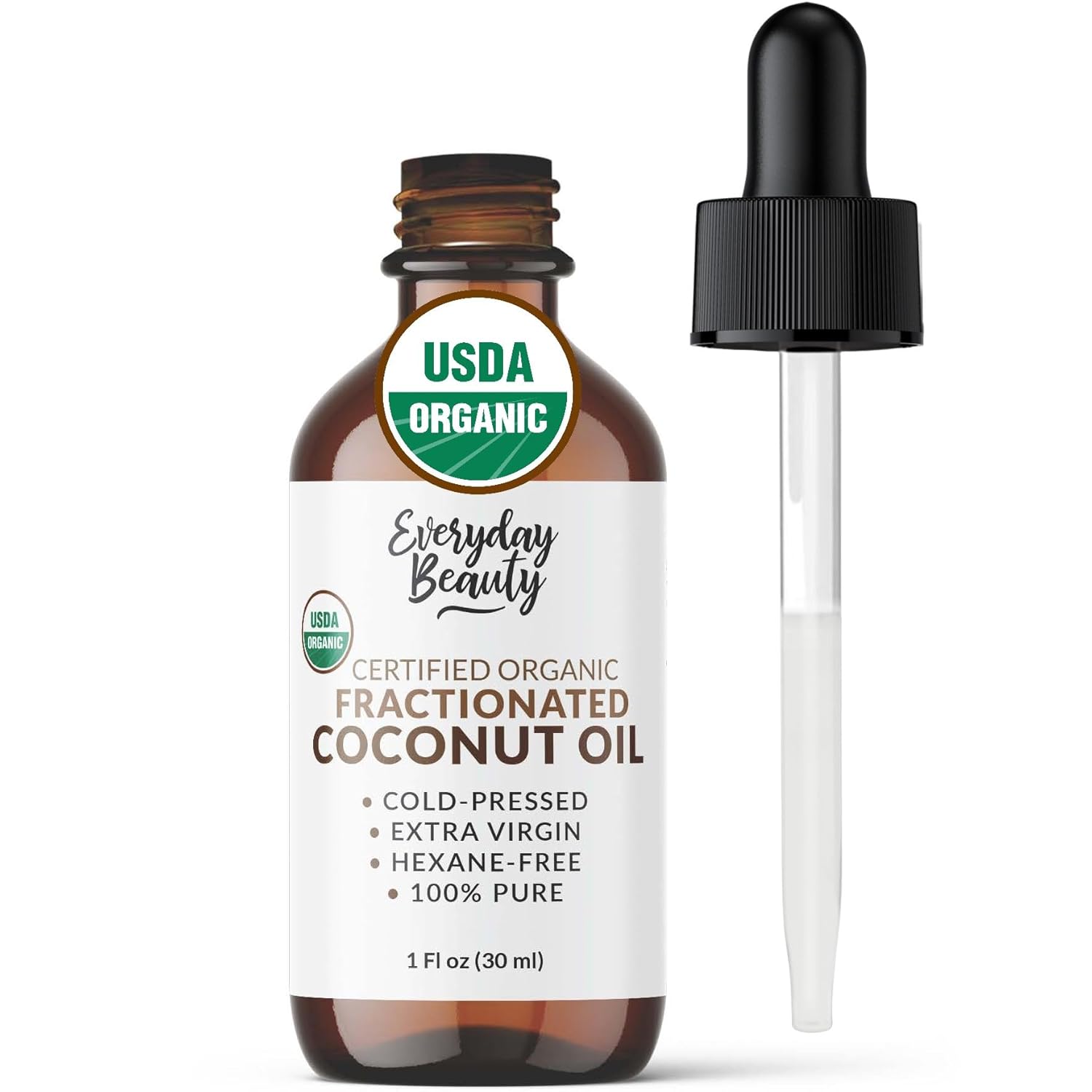 Organic Fractionated Coconut Oil | 100% Pure, Cold-Pressed | Usda Certified Organic | Amber Glass Bottle With Glass Dropper | For Face, Skin, & Hair - 1 Fl Oz