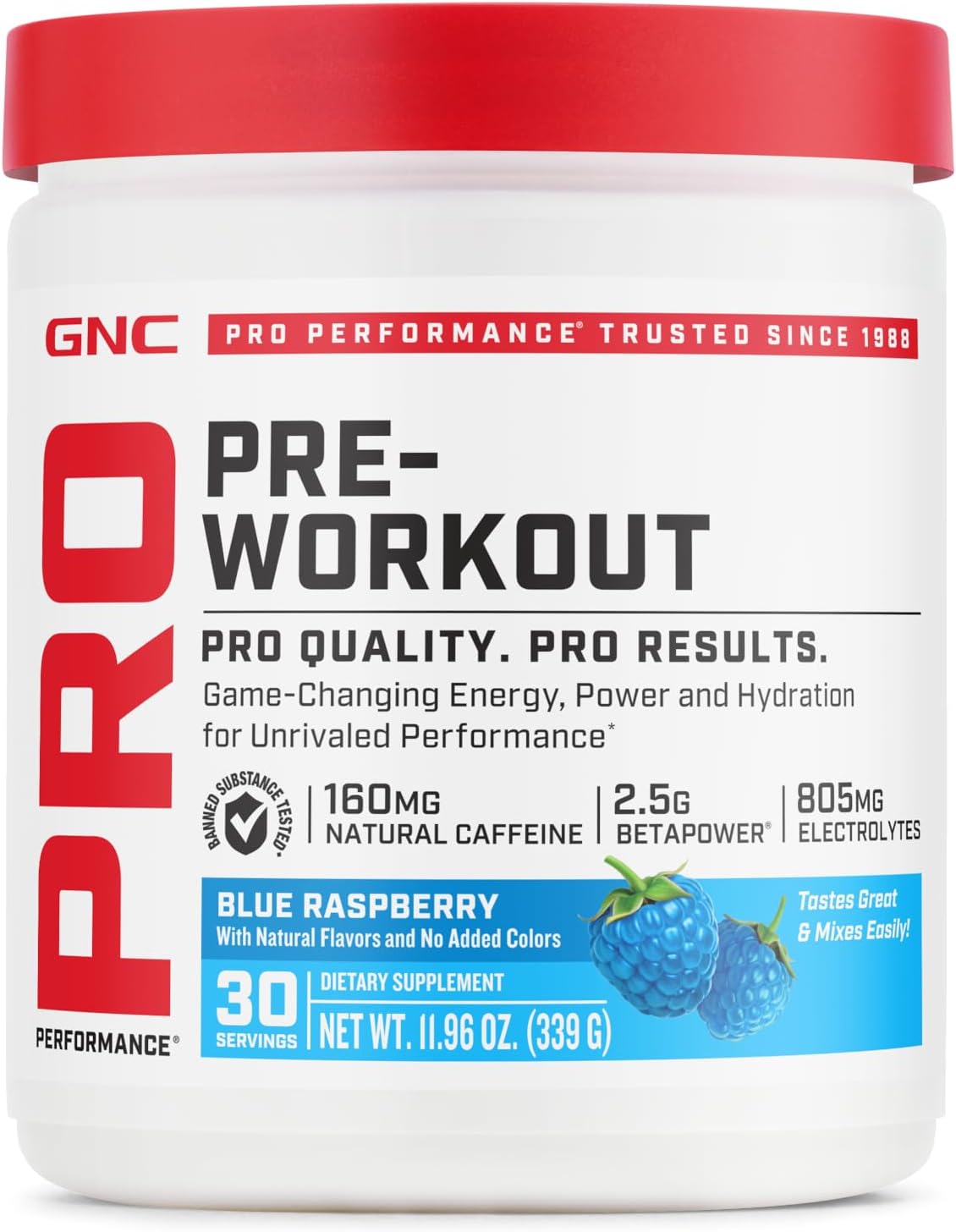 Gnc Pro Performance Pre Workout Powder For Men And Women, Energy, Hydration, And Focus, Sugar Free, Gluten Free, Performance Supplement, Blue Raspberry, 30 Servings