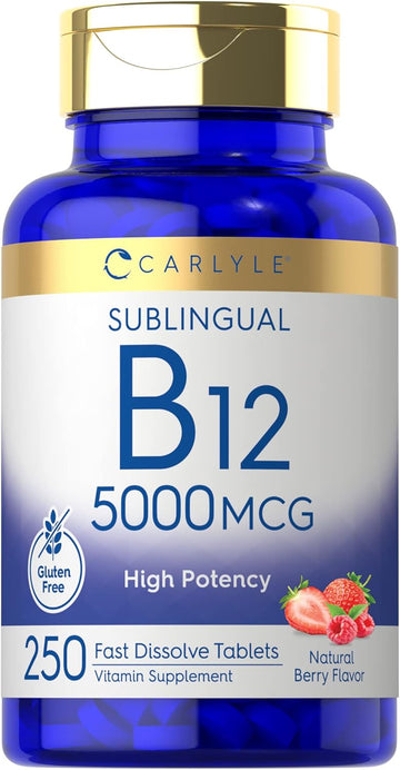 Carlyle Vitamin B12 5000mcg | 250 Fast Dissolve Tablets | Natural Berry Flavor | Vegetarian, Non-GMO, Gluten Free