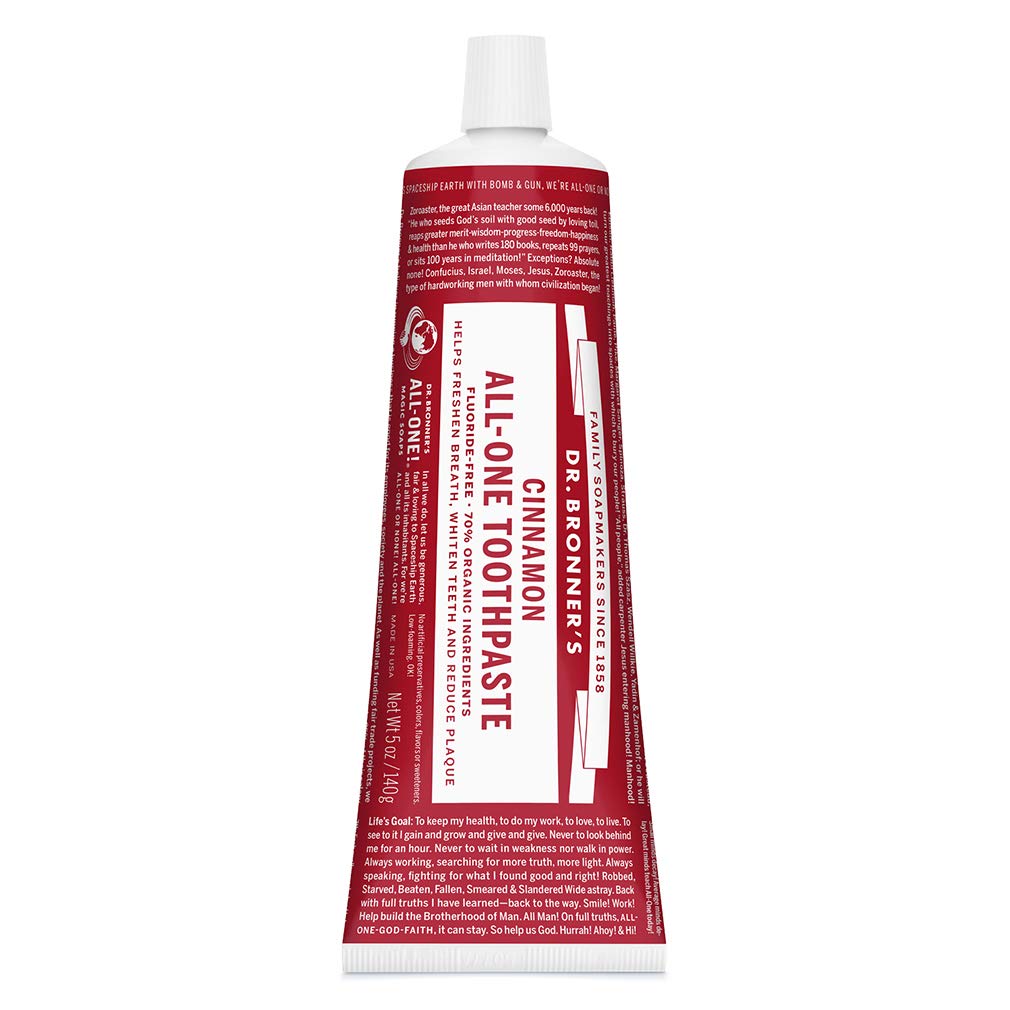 Dr. Bronner’s - All-One Toothpaste (Cinnamon, 5 Ounce) - 70% Organic Ingredients, Natural and Effective, Fluoride-Free, SLS-Free, Helps Freshen Breath, Reduce Plaque, Whiten Teeth, Vegan