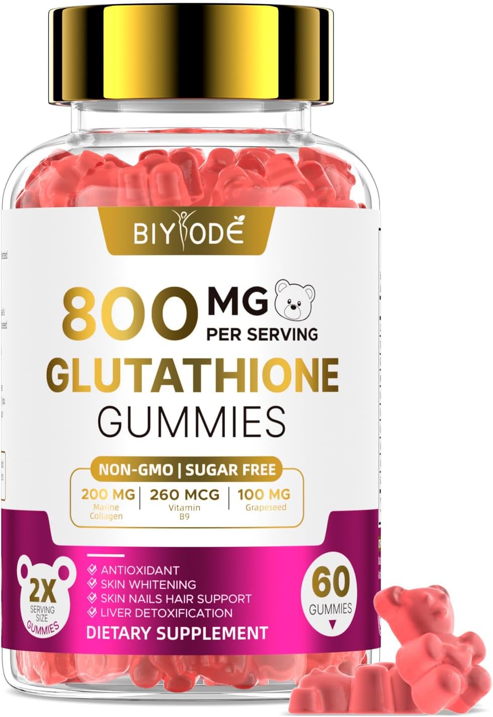 Glutathione Supplemnet Gummies For Women: Glutathione 800Mg Support Skin Glow Anti Aging Antioxidant Sugar Free Non-Gmo Natural Strawberry Flavor 60 Gummies