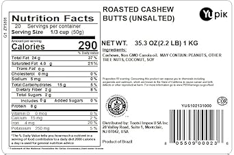 Yupik Roasted Unsalted Cashews, Butts, 2.2 Lb, Gluten-Free, Kosher, Vegan, Broken Nuts, Crunchy Cashew Pieces, No Added Salt, Lightly Roasted, Source Of Protein & Iron, Savory Snacks