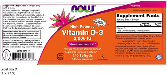 Now Foods Vitamin D-3, Structural Support 2000 I.U, 480 Softgels