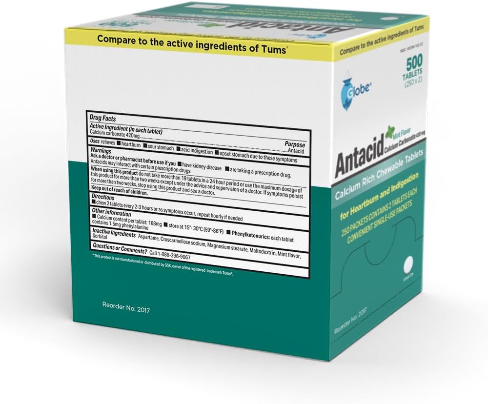 Globe (500 Tablets Chewable Mint Antacid Tablets for Acid Indigestion, Heartburn, and Upset Stomach - 250 Packets of 2 Tablets Each, 500 Count. Made in The USA : Health & Household