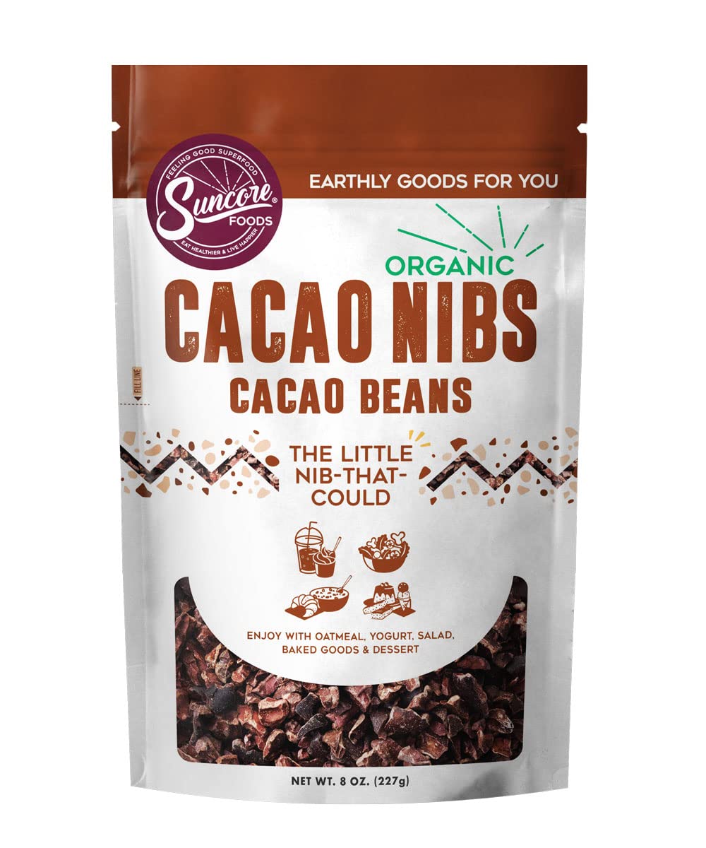 Suncore Foods Organic Cacao Nibs, Gluten-Free, Non-GMO, 8oz (1 Pack)