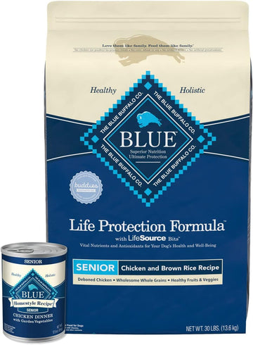 Blue Buffalo Life Protection Formula Natural Senior Dog Food Bundle, Dry Dog Food And Wet Dog Food, Chicken (30-Lb Dry Food + 12.5Oz Cans 12Ct)