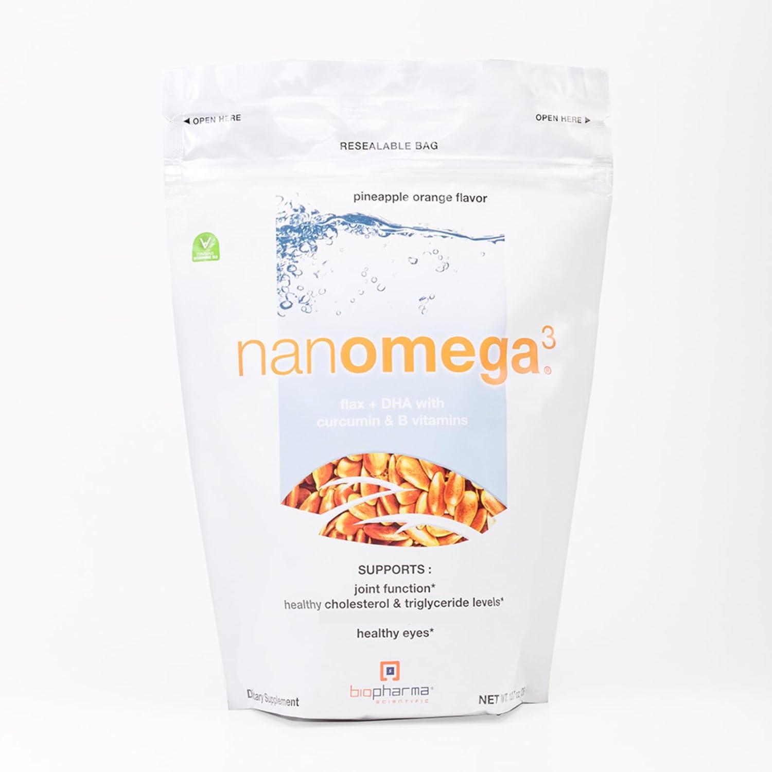Biopharma Scientific Nanomega: Vegan Omega-3 Dha Powder, Fish Oil Alternative From Golden Flaxseed For Heart, Brain, & Joint Health, Pineapple Orange Flavor, 30 Servings