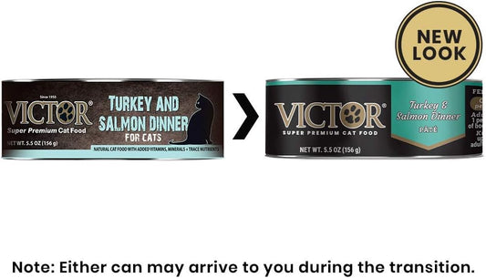 Victor Super Premium Cat Food – Turkey And Salmon Dinner Pâté – Canned Wet Food For Indoor And Outdoor Cats And Kittens - All Breed Sizes And All Life Stages, 24 X 5.5 Oz Cans