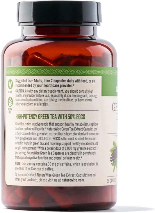 NatureWise Green Tea Extract Capsules 1000 mg - 50% EGCG & 98% Polyphenols - Extra Strength Antioxidants for Heart Health and Energy - Vegan, Gluten Free, Non-GMO - 90 Capsules[45-Day Supply]