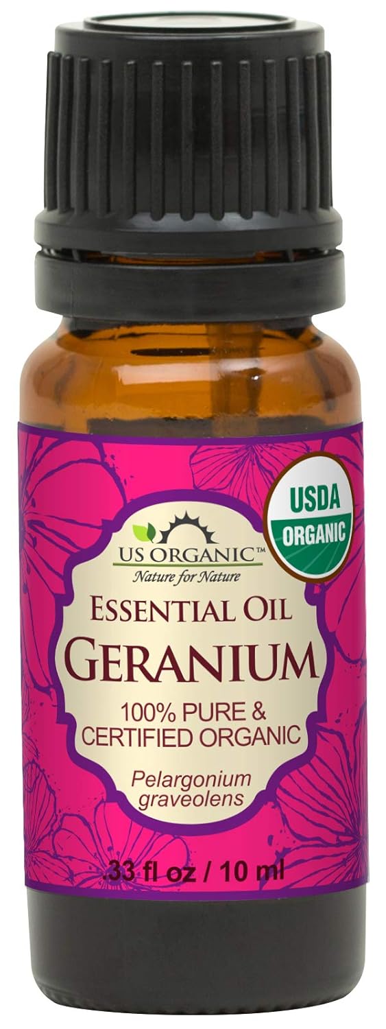 US Organic 100% Pure Geranium Essential Oil - USDA Certified Organic, Steam Distilled - W/Euro droppers (More Size Variations Available) (10 ml / .33 fl oz)