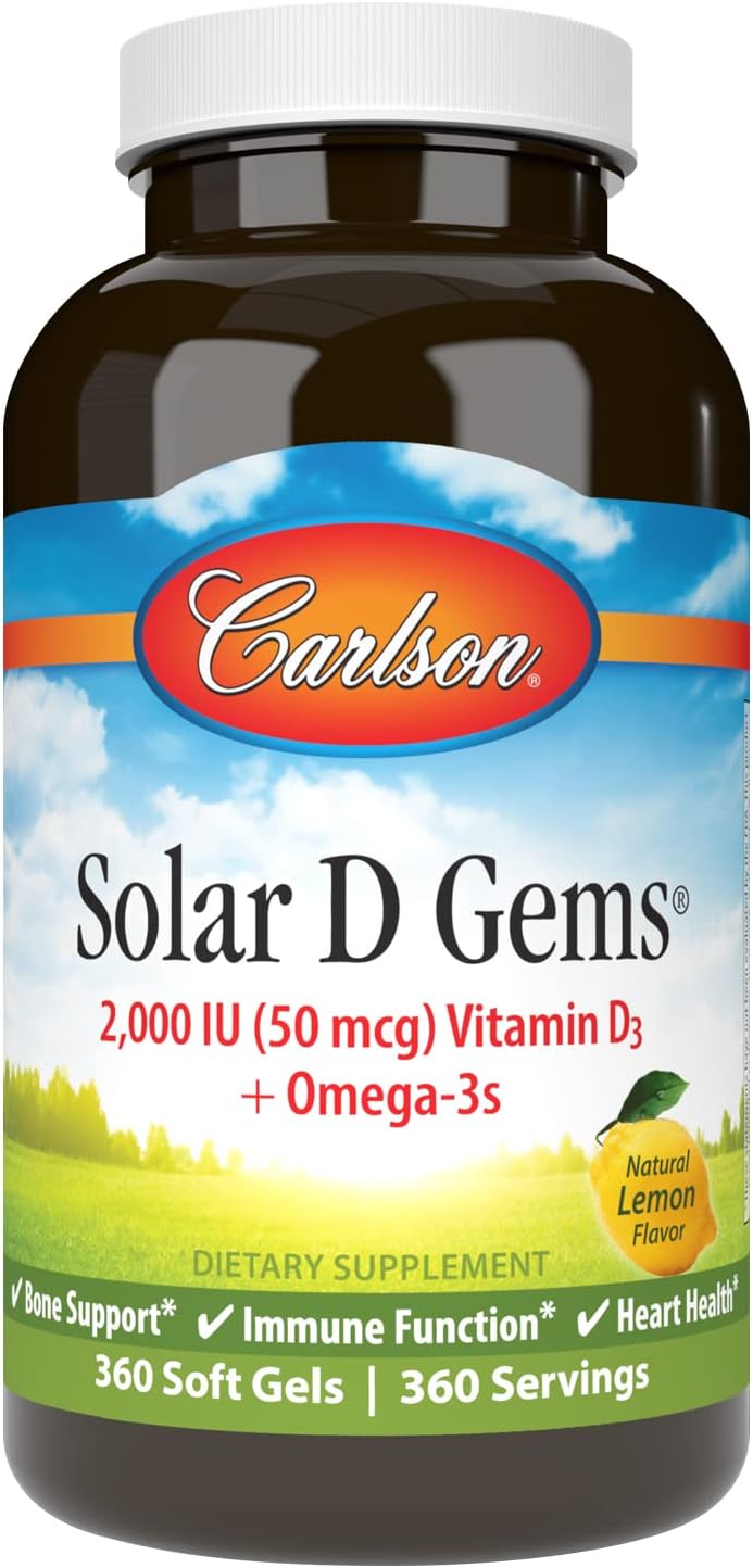 Carlson - Solar D Gems, Vitamin D3 and Omega-3 Supplement, 2000 IU (50 mcg) Vitamin D3, 115 mg Omega-3s EPA and DHA Supplement, Wild Caught, Sustainably Sourced, Lemon, 360 Softgels