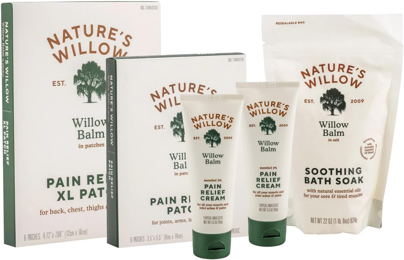 Nature's Willow Pain Pack: 2X Willow Balm Pain Creams, 1x Regular Pain Patch Pack of 6, 1x XL Pain Patch Pack of 6, 1x Bath Soak | Natural Topical Willow Bark with Essential Oils and Cooling Menthol