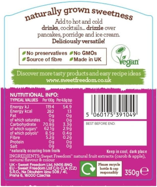 Sweet Freedom - Raspberry Syrup For Coffee & Drizzling - Only 13 Calories Per Teaspoon - For Frappes, Cocktails, Pancakes & Porridge - Healthy Baking - Vegan & Plant Based - 350G, Pack Of 1