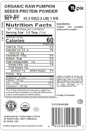 Yupik Organic Plant Based Raw Seeds Protein Powder, Pumpkin, 65% Eu, 2.2 lb, Non-GMO, Vegan, Gluten-Free, Pack of 1