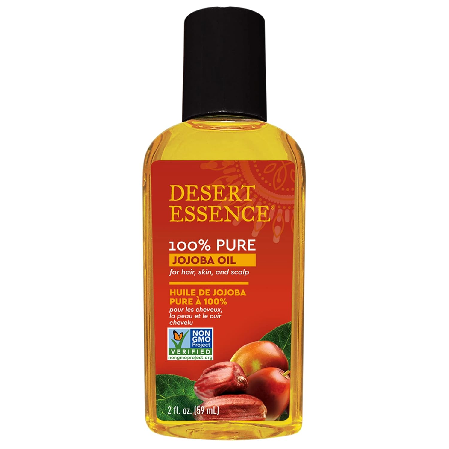 Desert Essence 100% Pure Jojoba Oil – 2 Fl Oz Moisturizer For Hair, Skin & Scalp | Makeup Remover & Aftershave Hydrator, Non-Gmo, Vegan, Cold-Pressed, Anti-Flakiness & Non-Clogging Beauty Elixir