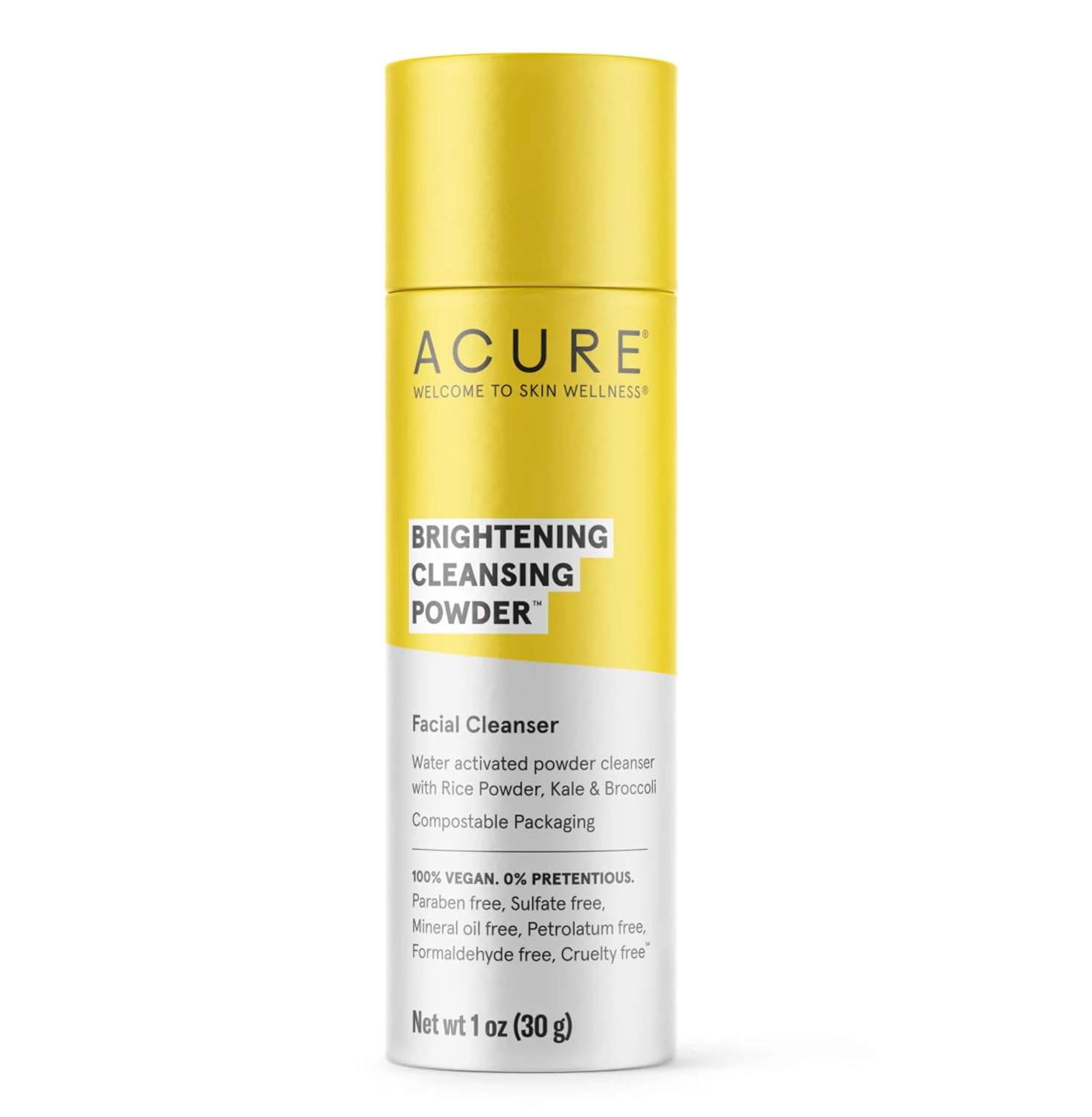 Acure Brightening Cleansing Powder - Concentrated Cleanser, Moisture Retention & Refining Skin’S Texture - Water-Activated Cleanser With Rice Powder, Broccoli, Kale & Spirulina - Net Wt. 1 Oz