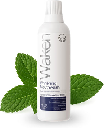 Waken Whitening Mouthwash, Clinically Tested Whitening Formula For Up To 5 Shades Whiter Teeth, Prevents Enamel Stains, Alcohol-Free, Vegan, Recycled Packaging, Natural Peppermint Flavour, 500Ml