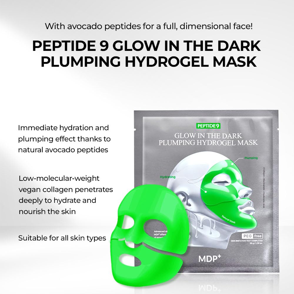 Mdp Peptide 9 Glow In The Dark Plumping Hydrogel Mask, Hydrating, 1.26 Oz/36 G×5Ea, Collagen For Elasticity, Pore Minimizing, Plumping Wrinkles