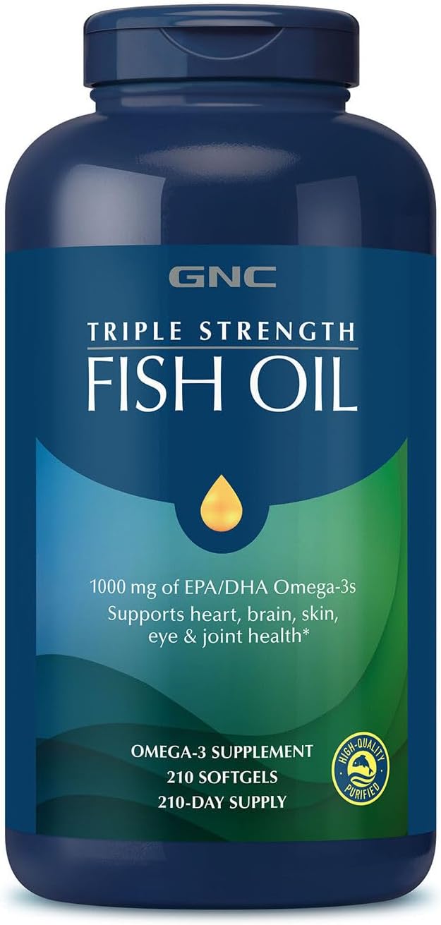 Gnc Triple Strength Fish Oil Omega 3 Supplement, 1000Mg Epa & Dha, Supports Heart, Brain, Skin, Eye And Joint Health, Burpless, Ultra Concentrated, High Potency, Wild Caught, 210 Softgels