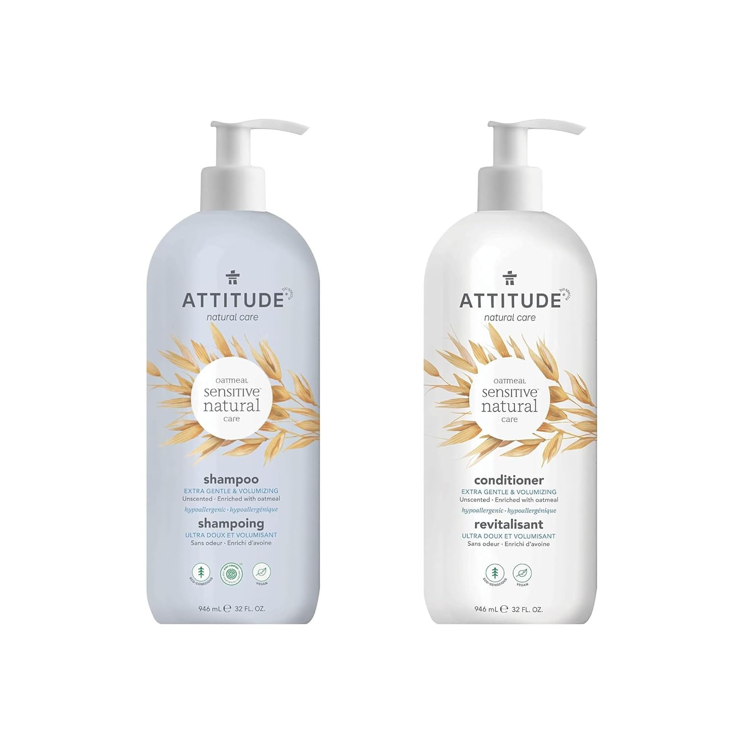 Bundle Of Attitude Extra Gentle And Volumizing Shampoo And Conditioner For Sensitive Skin Enriched With Oat, Ewg Verified, Hypoallergenic, Vegan And Cruelty-Free, Unscented, 32 Fl Oz