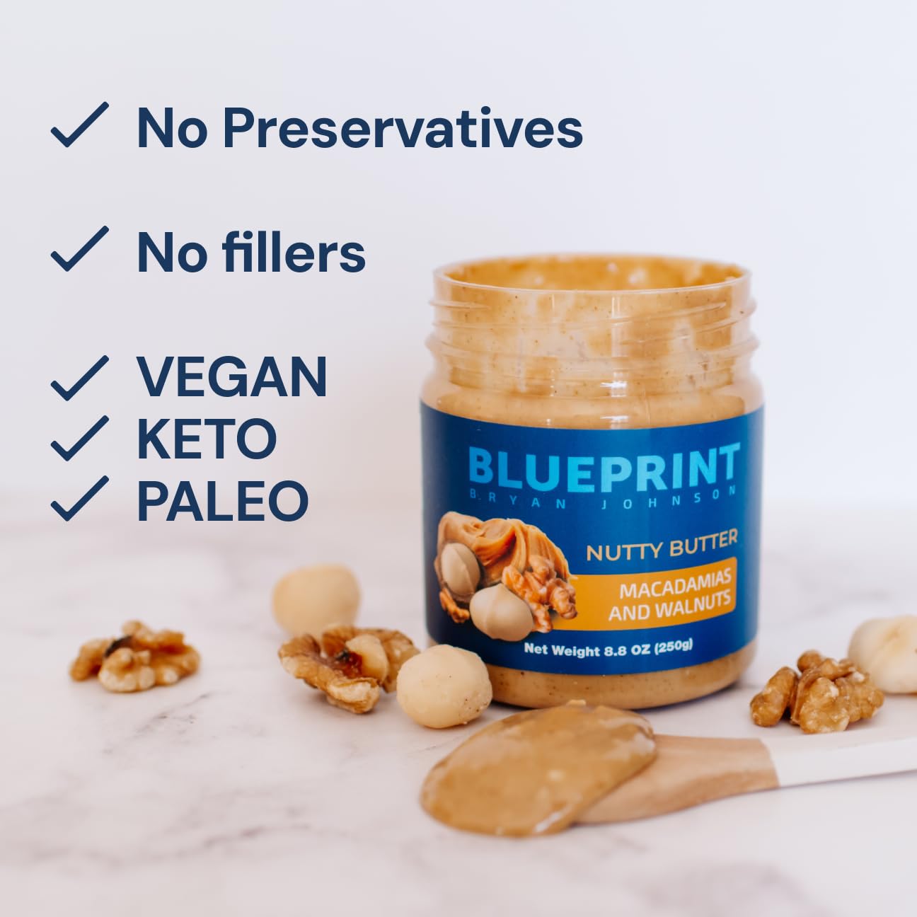 Blueprint Bryan Johnson Nutty Butter - Macadamia Nuts And Walnuts - Just 3 Ingredients - No Palm Oil - Keto And Low Carb Snack - No Added Sugar, Vegan, Non Gmo, Keto And Paleo Friendly (8.8 Ounces)