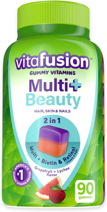 Vitafusion Multivitamin Plus Beauty – 2-In-1 Benefits – Adult Gummy With Hair, Skin & Nails Support (Biotin & Retinol – Vitamin A Rae) Daily, 90 Count